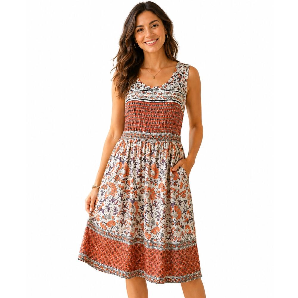 La Cera Bohemian Floral Sleeveless Dress Coral Border Print Midi Sundress Small